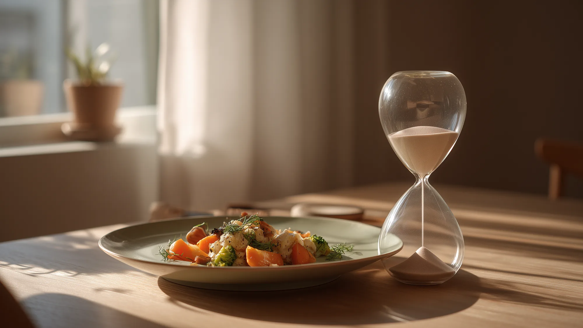 An hourglass and a simple healthy meal on a breakfast table in morning light
