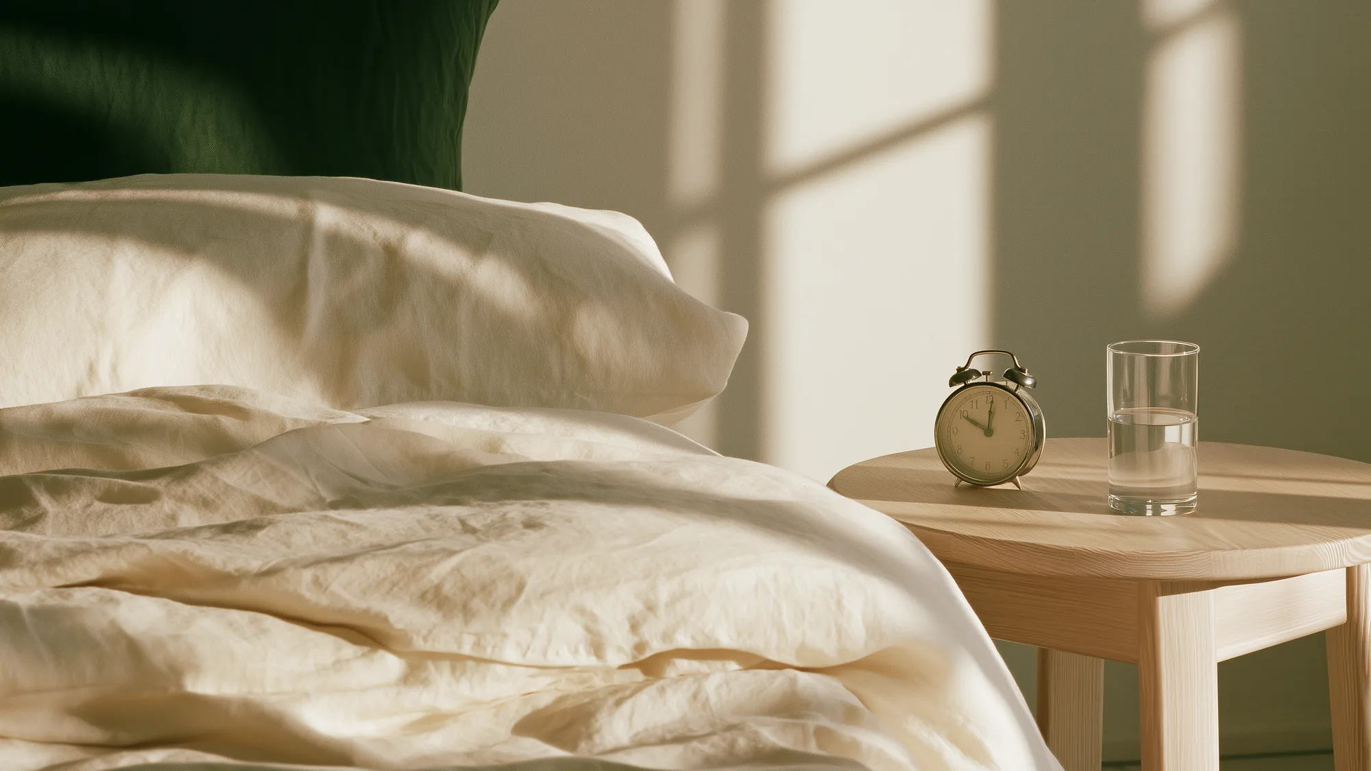 A neatly made bed with warm cream linen beside a vintage analog alarm clock and a glass of water on a nightstand, in soft morning light