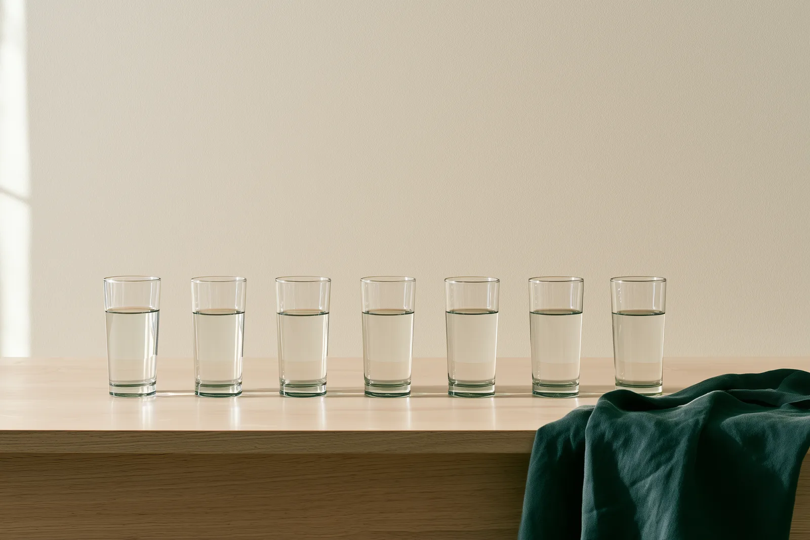 Seven identical glasses of water in a precise row, each catching the same morning light