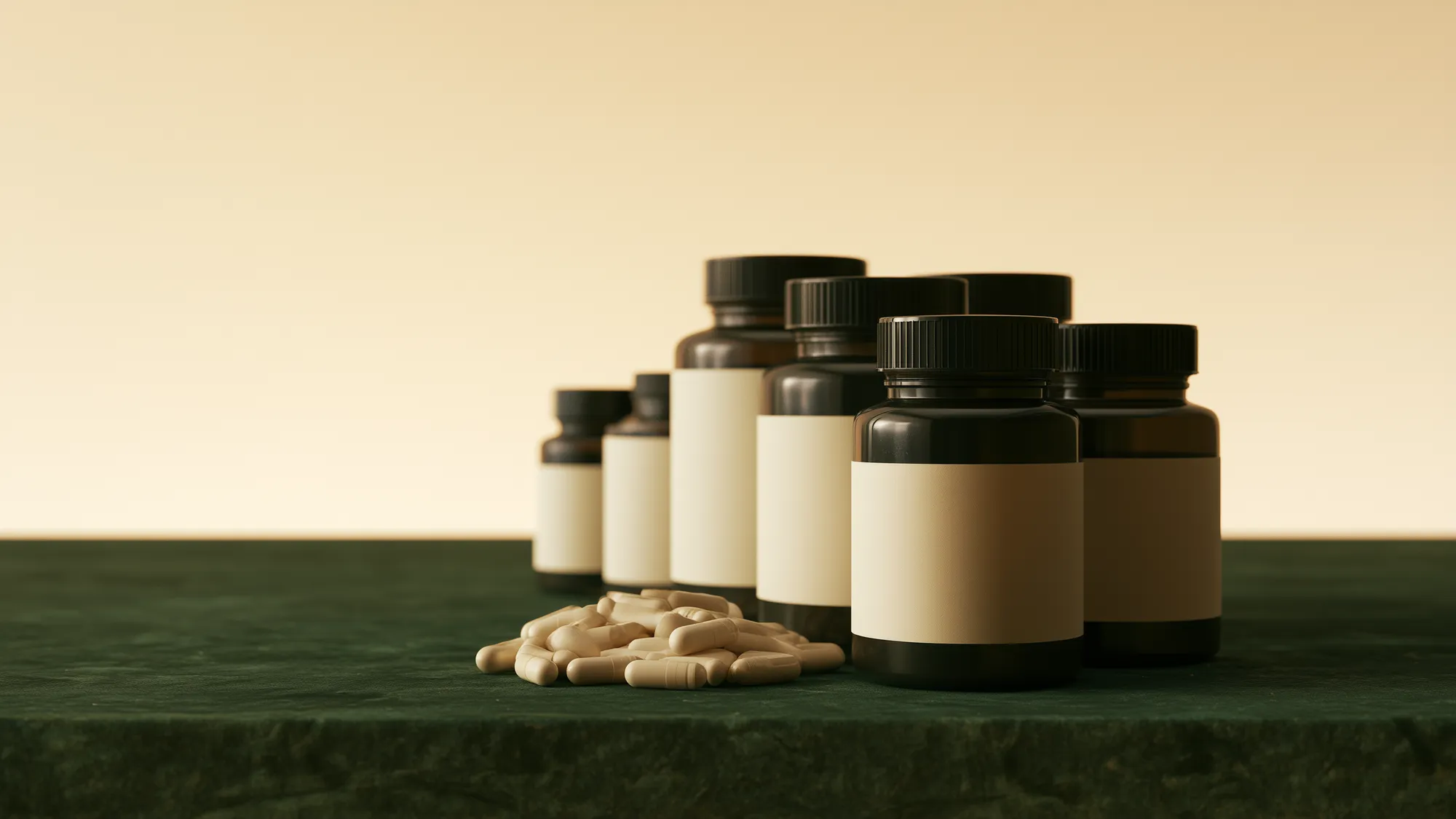 Several supplement bottles on a table, turned so their ingredient panels face up side by side