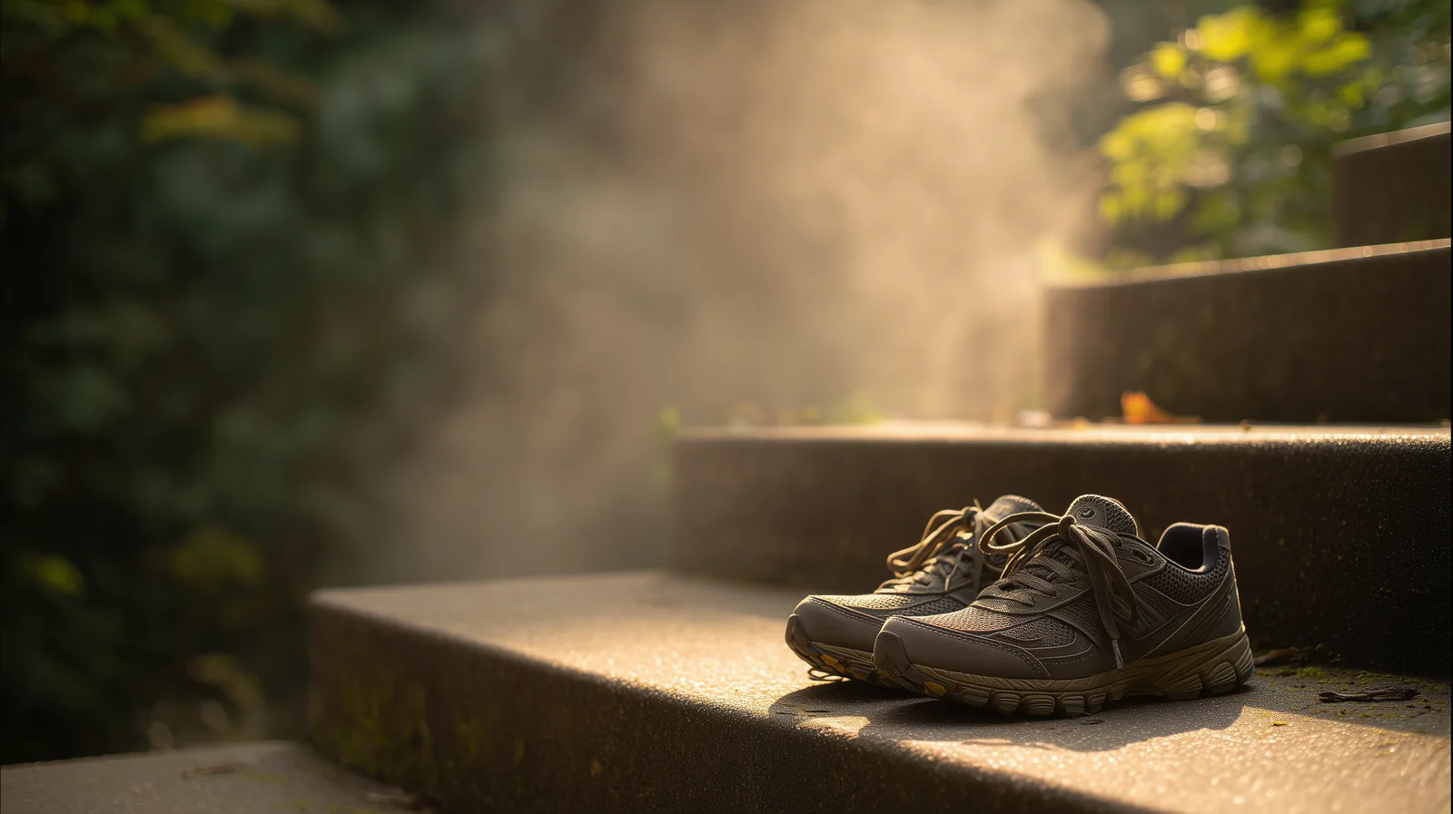 A pair of worn running shoes at the foot of a wide stone stairway, with morning mist rising through shafts of light