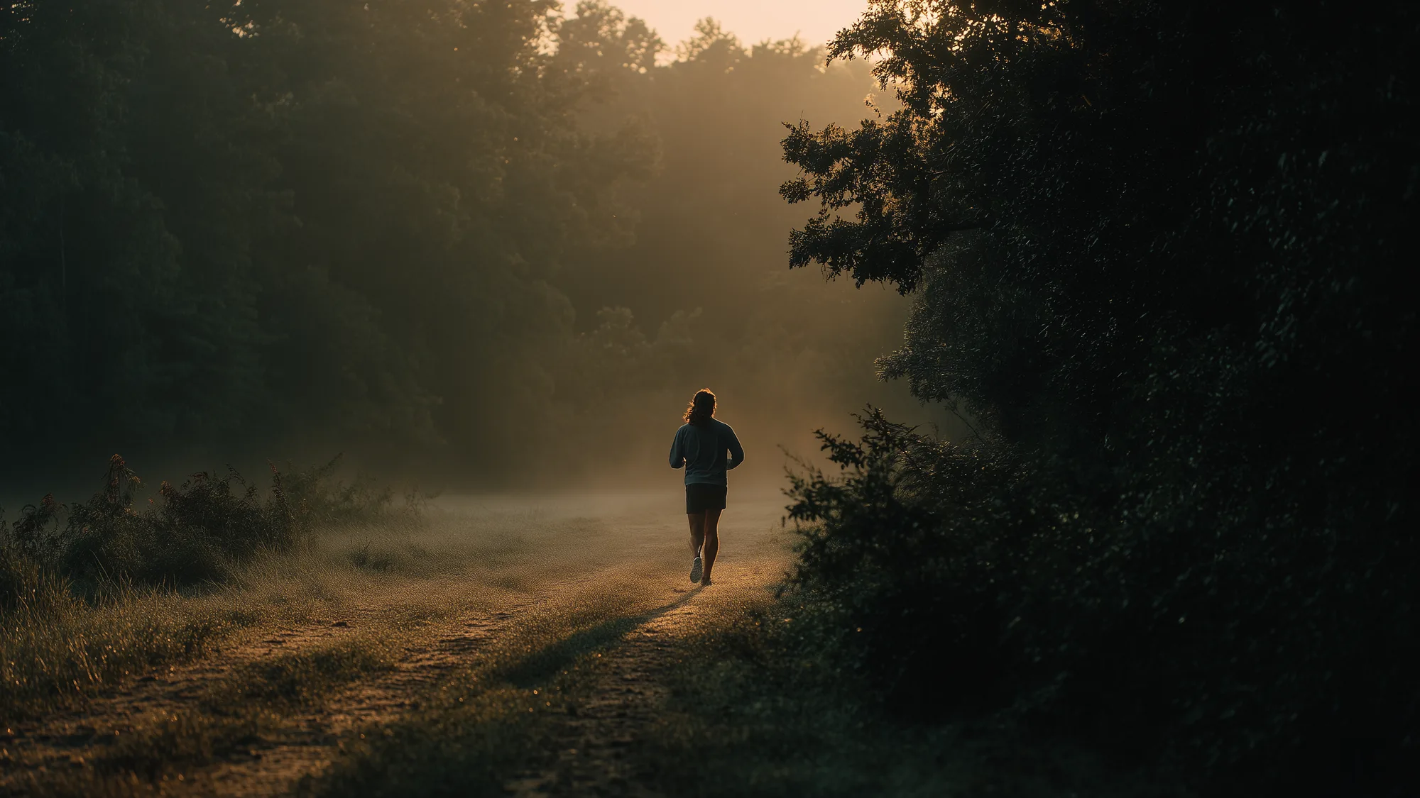 A lone runner seen from behind, mid-stride on a quiet misty trail at dawn