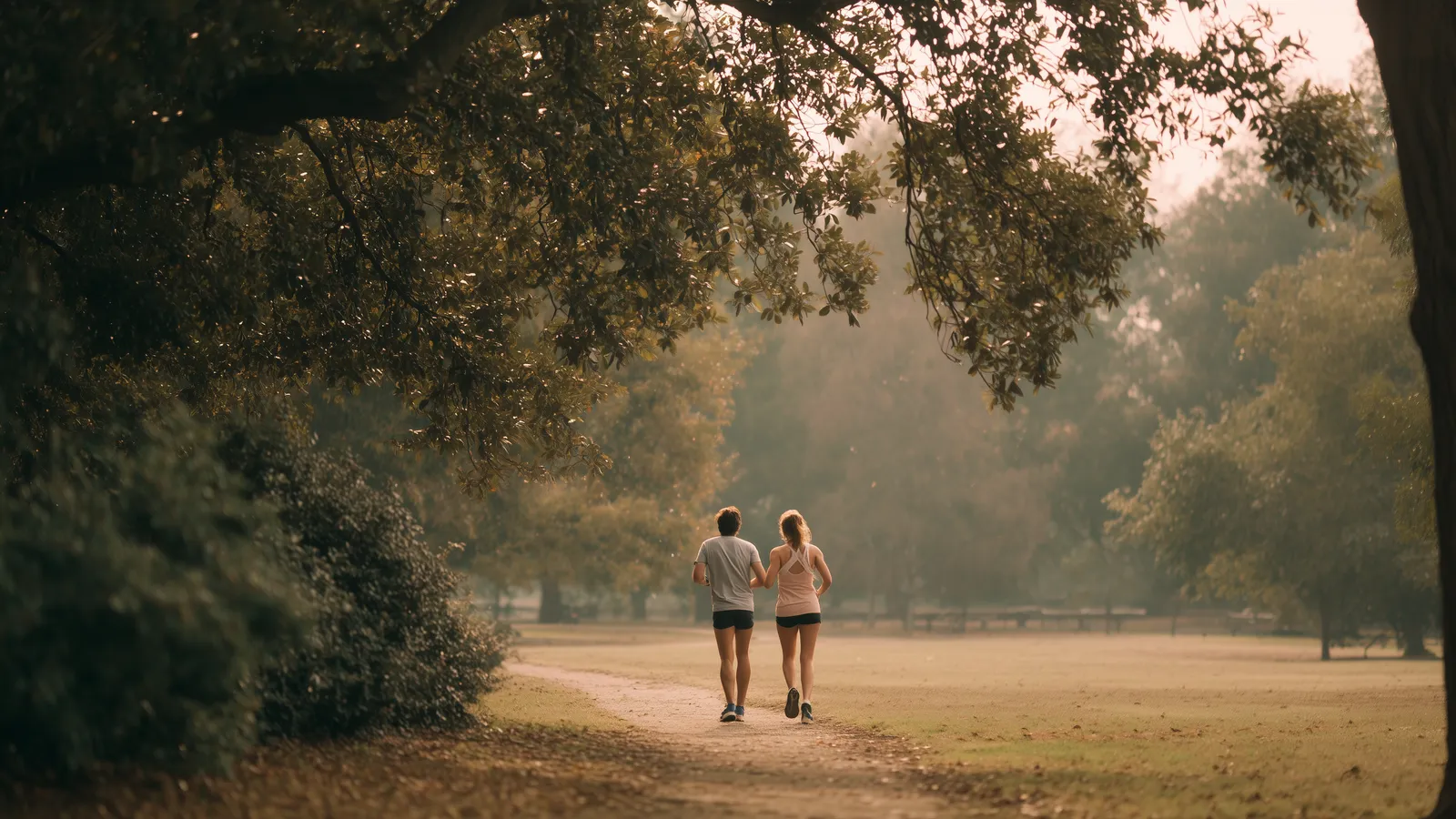 Two people jogging side by side at an easy pace on a quiet park path